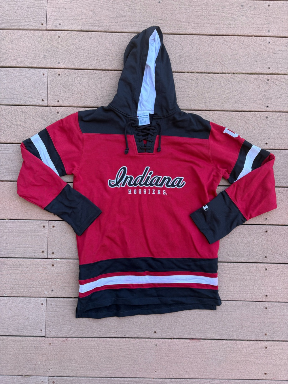 Indiana University Champion Red and Black Lace-Up Hoodie